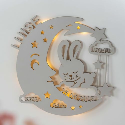 LAUBLUST Schlummerlicht Mond-Hase - Personalisiertes Baby-Geschenk zur Geburt & Taufe - LED Beleuchtung | Mausgrau von LAUBLUST