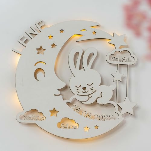 LAUBLUST Schlummerlicht Mond-Hase - Personalisiertes Baby-Geschenk zur Geburt & Taufe - LED Beleuchtung | Weiß von LAUBLUST