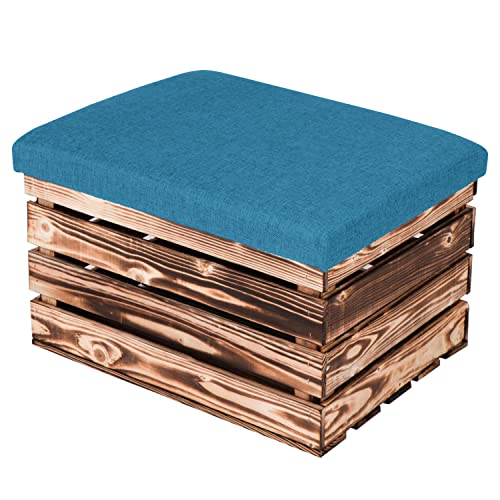 LAUBLUST Sitzhocker mit Stauraum - ca. 50x40x30cm, Bruan - Polster Blau | Hocker aus Holz - Sitzbank für Drinnen & Draußen | Aufbewahrungshocker mit Deckel | Sitzpouf & Fußhocker von LAUBLUST
