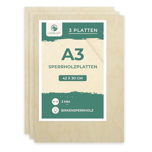 LAUBLUST Sperrholzplatte 3mm - Birkensperrholz Dünne Holz-Zuschnitte | Perfektes Blatt zum Malen, kreativen Gestalten, Brandmalerei, Laserschnitt, CNC Router, Durchbrochenes (3, ca. 42 x 30 cm | A3) von LAUBLUST