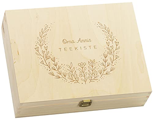 LAUBLUST Teebox Holz Personalisiert - ca. 29 x 22 x 8 cm | 12 Fächer - Teekiste aus Holz | Geschenk für Teeliebhaber (Natur, Kräuterkranz) von LAUBLUST