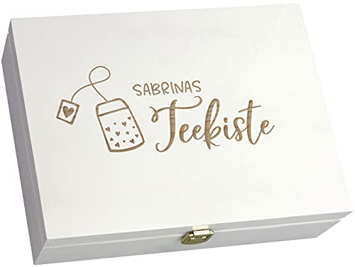 LAUBLUST Teebox Holz Personalisiert - ca. 29 x 22 x 8 cm | 12 Fächer - Teekiste aus Holz | Geschenk für Teeliebhaber (Weiß, Teebeutel) von LAUBLUST