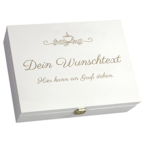 LAUBLUST Teebox Holz Personalisiert - ca. 29 x 22 x 8 cm | 12 Fächer - Teekiste aus Holz | Geschenk für Teeliebhaber (Weiß, Wunschtext) von LAUBLUST