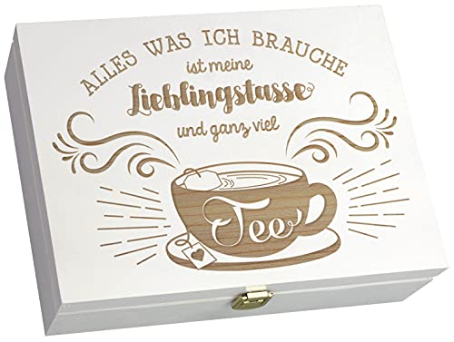 LAUBLUST Große Teebox mit Gravur - ca. 29x22x8 cm | 12 Fächer - Teekiste mit Schnappverschluss - Teebeutelspender aus Holz | Geschenk für Teeliebhaber (Weiß, Lieblingstasse) von LAUBLUST