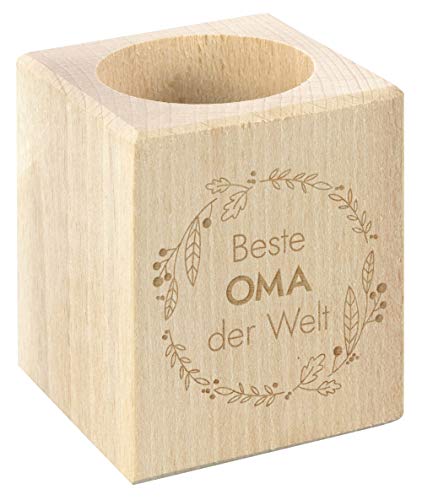 LAUBLUST Teelichthalter mit Gravur - Beste Oma der Welt - Geschenk für Großmutter | Teelicht aus Holz, ca. 6x6x7cm von LAUBLUST