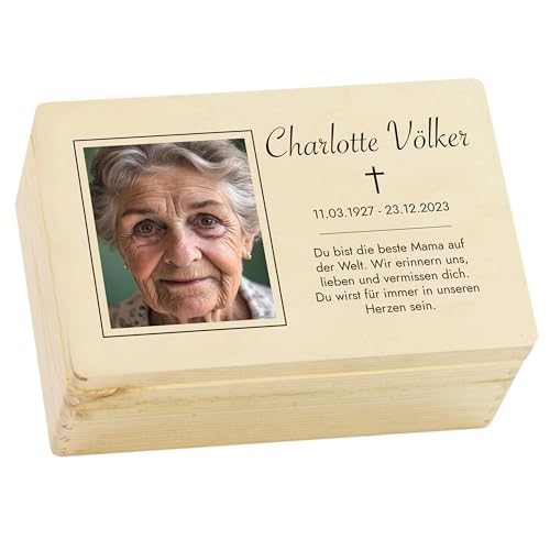 LAUBLUST Trauer Erinnerungsbox - Trauerkiste Personalisiert mit Foto, Name & Wunschtext - Erinnerung Motiv, UV-Druck | Erinnerungsbox Verstorbene - ca. 20 x 15 x 10 cm | S - Natur, FSC® von LAUBLUST