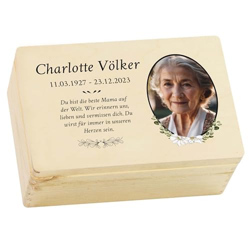 LAUBLUST Trauer Erinnerungsbox - Trauerkiste Personalisiert mit Name, Wunschtext oder Foto | Erinnerungsbox Verstorbene - Holzkiste Natur, FSC® (Blumen Motiv, ca. 20 x 15 x 10 cm | S) von LAUBLUST