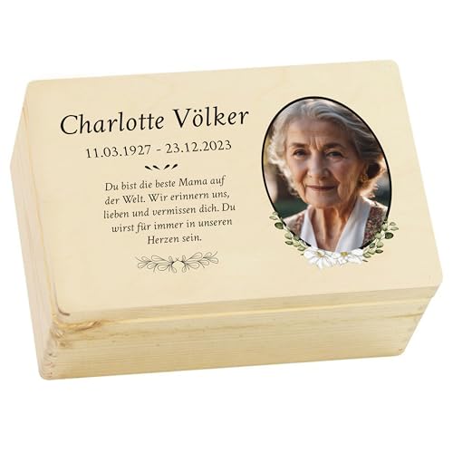 LAUBLUST Trauer Erinnerungsbox - Trauerkiste Personalisiert mit Name, Wunschtext oder Foto | Erinnerungsbox Verstorbene - Holzkiste Natur, FSC® (Blumen Motiv, ca. 30 x 20 x 14 cm | M) von LAUBLUST