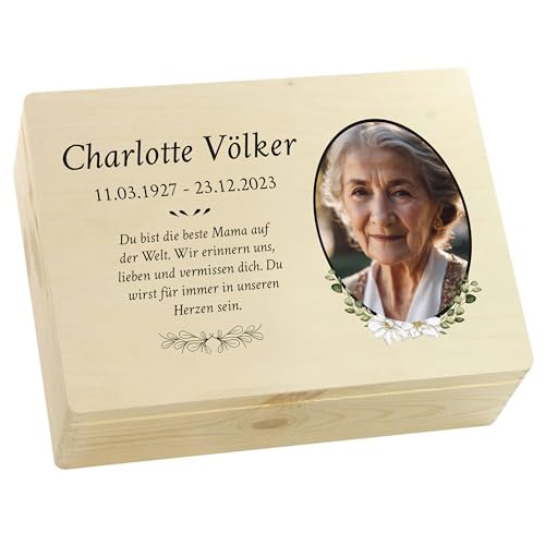 LAUBLUST Trauer Erinnerungsbox - Trauerkiste Personalisiert mit Name, Wunschtext oder Foto | Erinnerungsbox Verstorbene - Holzkiste Natur, FSC® (Blumen Motiv, ca. 40 x 30 x 14 cm | L) von LAUBLUST