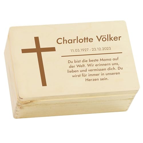 LAUBLUST Trauer Erinnerungsbox - Trauerkiste Personalisiert mit Name, Wunschtext oder Foto | Erinnerungsbox Verstorbene - Holzkiste Natur, FSC® (Kreuz Motiv, ca. 20 x 15 x 10 cm | S) von LAUBLUST