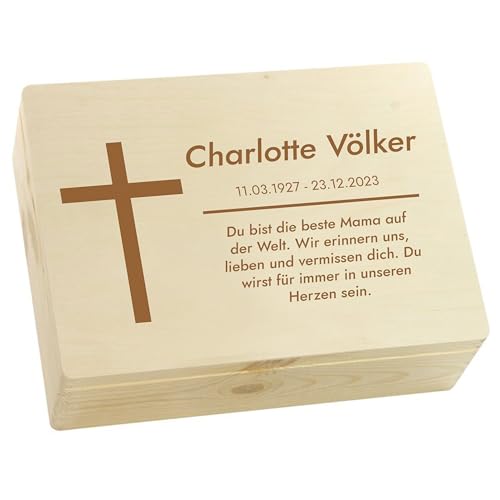LAUBLUST Trauer Erinnerungsbox - Trauerkiste Personalisiert mit Name, Wunschtext oder Foto | Erinnerungsbox Verstorbene - Holzkiste Natur, FSC® (Kreuz Motiv, ca. 40 x 30 x 14 cm | L) von LAUBLUST