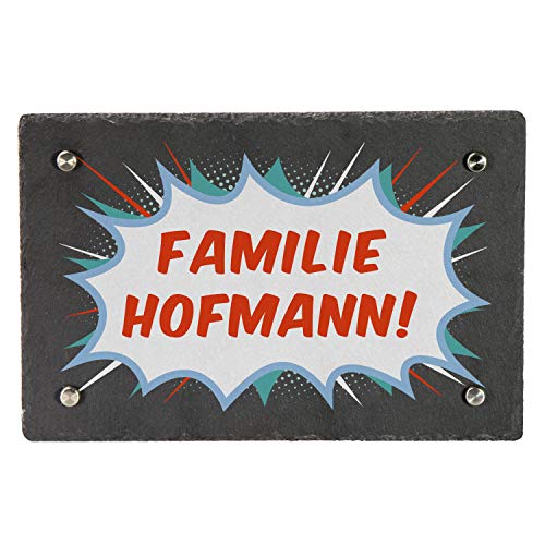 LAUBLUST Türschild Schiefer Comic Motiv - Haustür-Schild Personalisiert mit Familien-Name - ca. 30x20cm, 4 Wandhalter von LAUBLUST