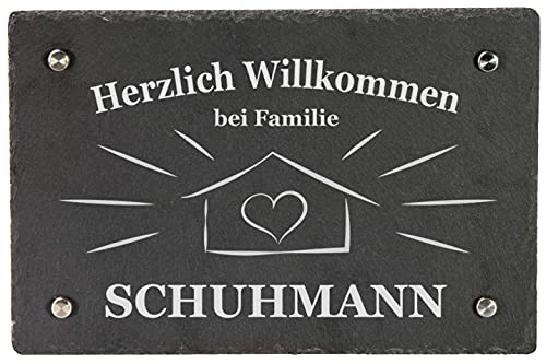 LAUBLUST Türschild Schiefer Personalisiert - Sweet Home Motiv - Haustürschild mit Name - ca. 30x20cm, 4 Edelstahl Wandhalter von LAUBLUST