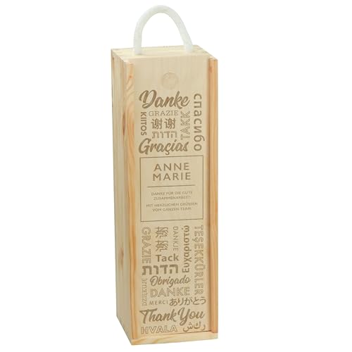 LAUBLUST Weinbox aus Holz für eine Flasche - Weinkiste als Geschenkbox personalisiert mit Gravur | Danke Motiv - ca. 36x11x10cm | Holzkiste für Weinflasche, Seil Tragegriff von LAUBLUST