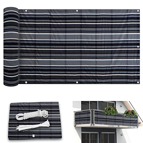 LAUDS Balkon Sichtschutz Balkonabdeckung Balkonverkleidung Blickdichte BalkongeläNder Windschutz UV-Schutz Wetterfest,mit öSen Nylon Kabelbinder und Kordel-Black+White|| 80cm x 900cm von LAUDS