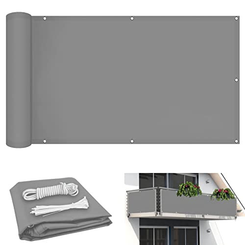 LAUDS Balkon Sichtschutz Balkonabdeckung Balkonverkleidung Blickdichte BalkongeläNder Windschutz UV-Schutz Wetterfest,mit öSen Nylon Kabelbinder und Kordel-Light Gray|| 55cm x 300cm von LAUDS