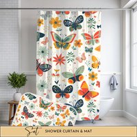 Retro Schmetterling Duschvorhang Badematte Badvorhang Motte Abstrakt Floral Badezimmer von LAUMIANstudio