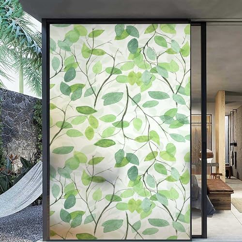 Exquisite Fensterfolie, Privatsphäre, Buntglasfenster, Milchfolie für Glasfenster, selbstklebend, statisch haftend, 3D-dekorative grüne Blätter gemusterte, abnehmbare Glasfolie für Zuhause, J, 40 x 12 von LAUMOE