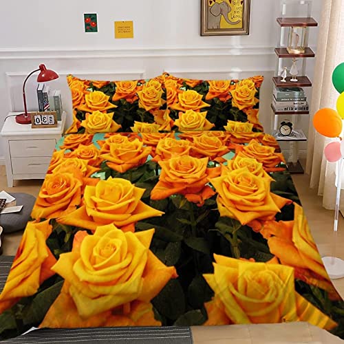 Exquisites Einzelbettbezug-Set mit gelbem Rosenmuster, 3D-gedruckte gelbe Rosenbettwäsche, weiche Mikrofaser-Bettwäsche-Sets, Bettbezug 135 x 200 cm und 2 Kissenbezüge 50 x 75 cm mit Reißverschluss von LAUMOE