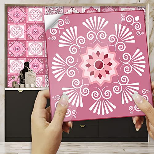 Stilvolle Fliesenaufkleber, rosa, geometrische Retro-Tapete zum Abziehen und Aufkleben, wasserfestes Vinyl, selbstklebende Wandfliesen, ölbeständige Fliesen, Fliesenaufkleber für Küche, Badezimmer, zu von LAUMOE