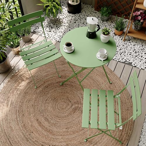LAUSAINT HOME 3-teiliges Bistro-Set aus Stahl, klappbar, Terrassenmöbel-Set mit Premium-Rahmen, Outdoor-Bistrotisch und Stühle, 2er-Set für Terrasse, Garten, Balkon und Poolseite (Salbeigrün) von LAUSAINT HOME
