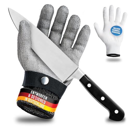 LAUTER SCHUTZ ® Schnittschutzhandschuh aus Edelstahl-Draht - hoher komfort & sicheres Schneiden - praktisch, leicht zu reinigen & lebensmittelecht - inklusive Baumwoll Handschuh (M) von LAUTER SCHUTZ