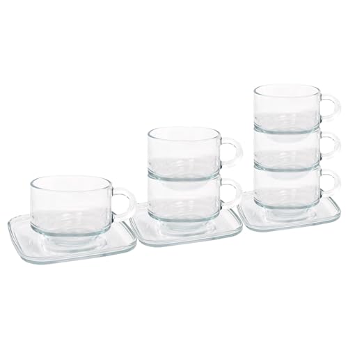 LAV 12pc 270ml Cozy Stapelbares Kaffeetassen- und Untertassenset aus Glas - Klar - Latté Tee Heiße Schokolade Cappuccino Espresso Trinkbecher Gläser Set von LAV