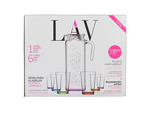 Lav 7-teiliges Karaffen-Set, 1 Glaskaraffe mit 1,2L und 6 Gläsern je 200ml Vollumen, Retro, farbig Color von LAV