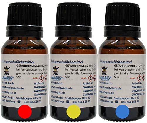 LAVABIS Öl-Färbemittel 3er Set für Paraffinwachs, 3x15ml Flüssigwachs Rot Gelb Blau, Hochkonzentriert Sparsame Anwendung Kreative Farbkombinationen für Öllampen, Flüssigwachspatronen, Lampen-Öl DIY LAVABIS Öl-Färbemittel 3er Set für Paraffinwachs, 3x15ml Flüssigwachs Rot Gelb Blau, Hochkonzentriert Sparsame Anwendung Kreative Farbkombinationen für Öllampen, Flüssigwachspatronen, Lampen-Öl DIY von LAVABIS