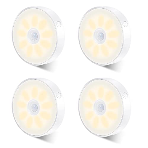 LAVAED 4 PCS Puck Lichter, LED Bewegungssensor Schränke Lichter USB wiederaufladbar unter Kabinett Beleuchtung Dimmbare und drahtlose Zählerleuchten für Kabinett, Küche, Flur, Treppe (Warmweiß) von LAVAED