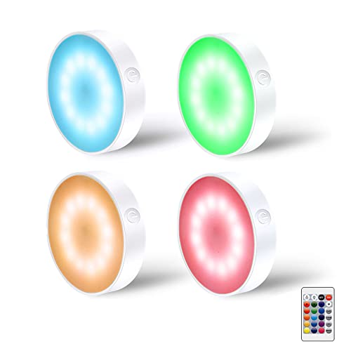 LAVAED 4 Stück RGB + W 16 Farbwechsel-Puck-Lichter mit Fernbedienung, 12 LEDs, dimmbare Schranklichter, 600 mAh, USB wiederaufladbare Vitrinenlichter, Weihnachtsbeleuchtung von LAVAED