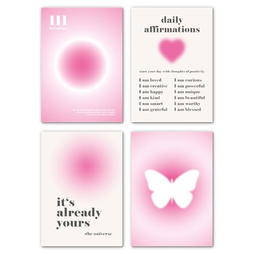 LAVEMA Aesthetic Bilder Aura Deko Poster 4er Set (21x30cm) ohne Rahmen | Rosa Teenager Pink Mädchen Decor Wandbilder Schlafzimmer Wohnzimmer Clean Ästhetik Affirmationen von LAVEMA