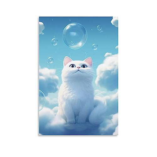 Niedliche Geisterkatze bedruckte Poster blauer Himmel Schaumstoffwolken Cartoon Wanddekoration für Wohnzimmer Schlafzimmer von LAVIYE