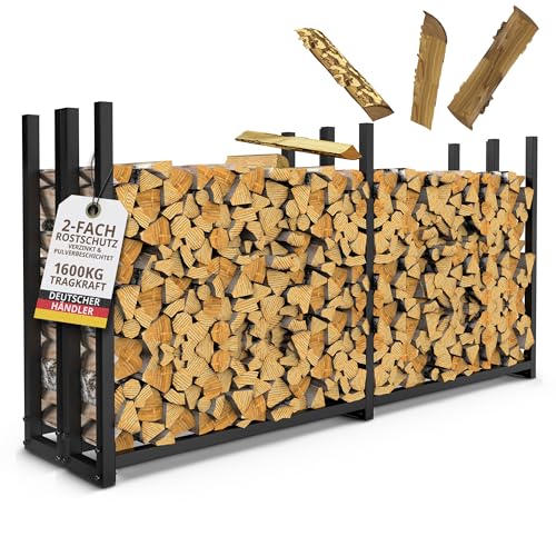 2 Kaminholzregale Metall verzinkt 223 × 115 x 25cm mit 61cm Abdeckplane für aussen – wetterfestes Brennholzregal für ca. 1,8 m³ Holz robustes Holzlager für Garten & Terrasse schwarz (Vierkant) von LAWA Living and Lifestyle