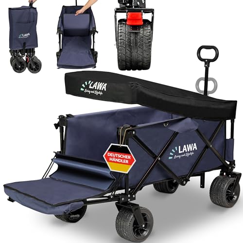 Bollerwagen faltbar mit Dach mit Bremse Handwagen Faltwagen Gartenwagen Transportwagen klappbar bis 100kg Strandwagen Campingwagen Hundebuggy klappbar breite Räder Leiterwagen (BLAU mit Plane) von LAWA Living and Lifestyle