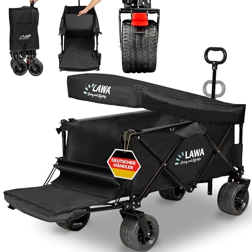 Bollerwagen faltbar mit Dach mit Bremse Handwagen Faltwagen Gartenwagen Transportwagen klappbar bis 100kg Strandwagen Campingwagen Hundebuggy klappbar breite Räder Leiterwagen (SCHWARZ mit Plane) von LAWA Living and Lifestyle