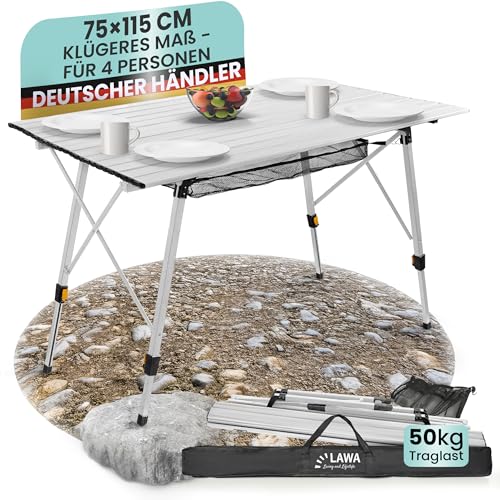 Camping Klapptisch höhenverstellbar bis 78 cm Aluminium Campingtisch faltbar Camping Rolltisch 4 Personen Balkontisch Klapptisch Silber leicht mit Tragetasche Netz Aufrollbar klappbar von LAWA Living and Lifestyle