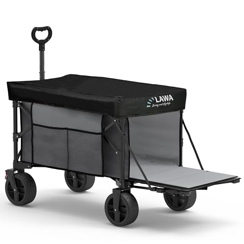 Bollerwagen Faltbar Breite Reifen mit Bremse Strandwagen mit Seitentasche 10kg leicht sehr kleines Packmaß Getränkehalter Verstellbarer Griff Gartenwagen für 100kg Belastbarkeit (grau mit Dach) von LAWA Living and Lifestyle