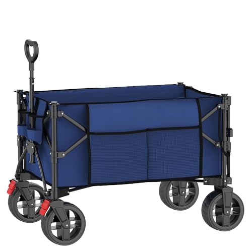 Faltbarer Bollerwagen 130 l Heckklappe Seitentasche & Flaschenhalter 100kg Teleskopgriff schwenkbare 360° Räder mit Bremse kompaktes Packmaß klappbarer Transportwagen ohne Dach (Blau) von LAWA Living and Lifestyle