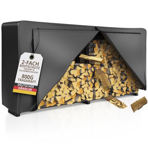 Kaminholzregal aussen VERZINKT mit Dach 223x25x115 mit 61cm Abdeckplane 800kg Brennholz Feuerholzregal Stapelhilfe Metall Kaminholzunterstand Abdeckung Brennholzunterstand Garten (Vierkant mit Plane) von LAWA Living and Lifestyle