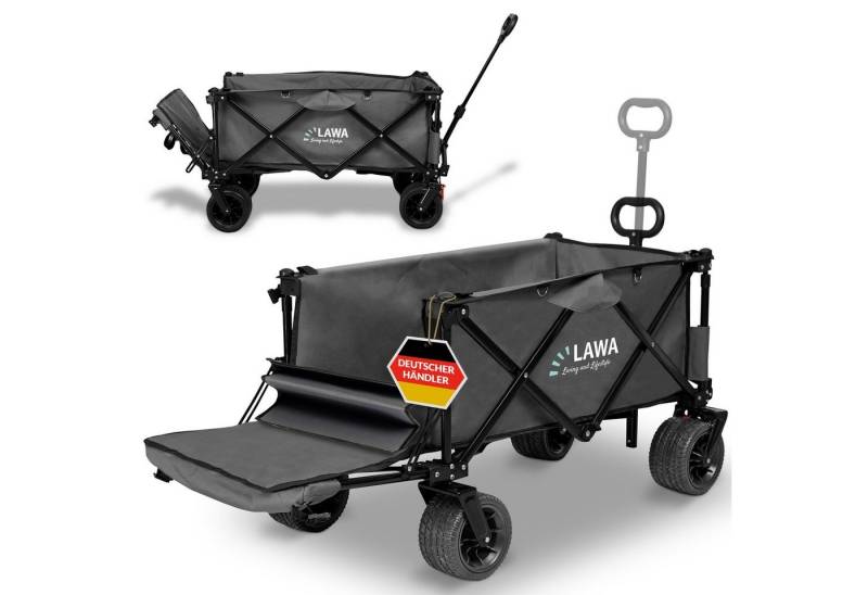 LAWA Living and Lifestyle Bollerwagen faltbar ohne Dach mit Bremse 100kg Traglast 120cm lang verlängerbar (12,4kg leicht, sehr kleines Packmaß), klappbarer Handwagen, Heckklappe, Grau von LAWA Living and Lifestyle