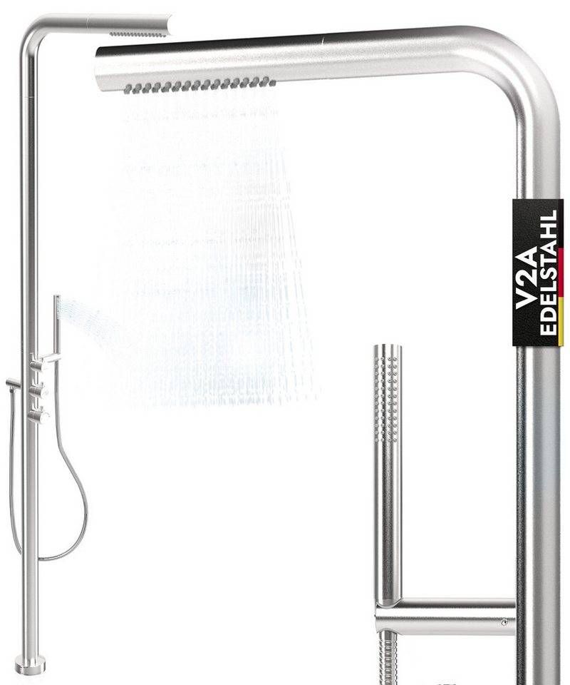 LAWA Living and Lifestyle Gartendusche V2A / 304 Edelstahl Außendusche rostfrei Warmwasser und Kaltwasser (2 Anschlüsse, gebürstet, restentleert - winterfest), Pooldusche Sauna mit Handbrause von LAWA Living and Lifestyle