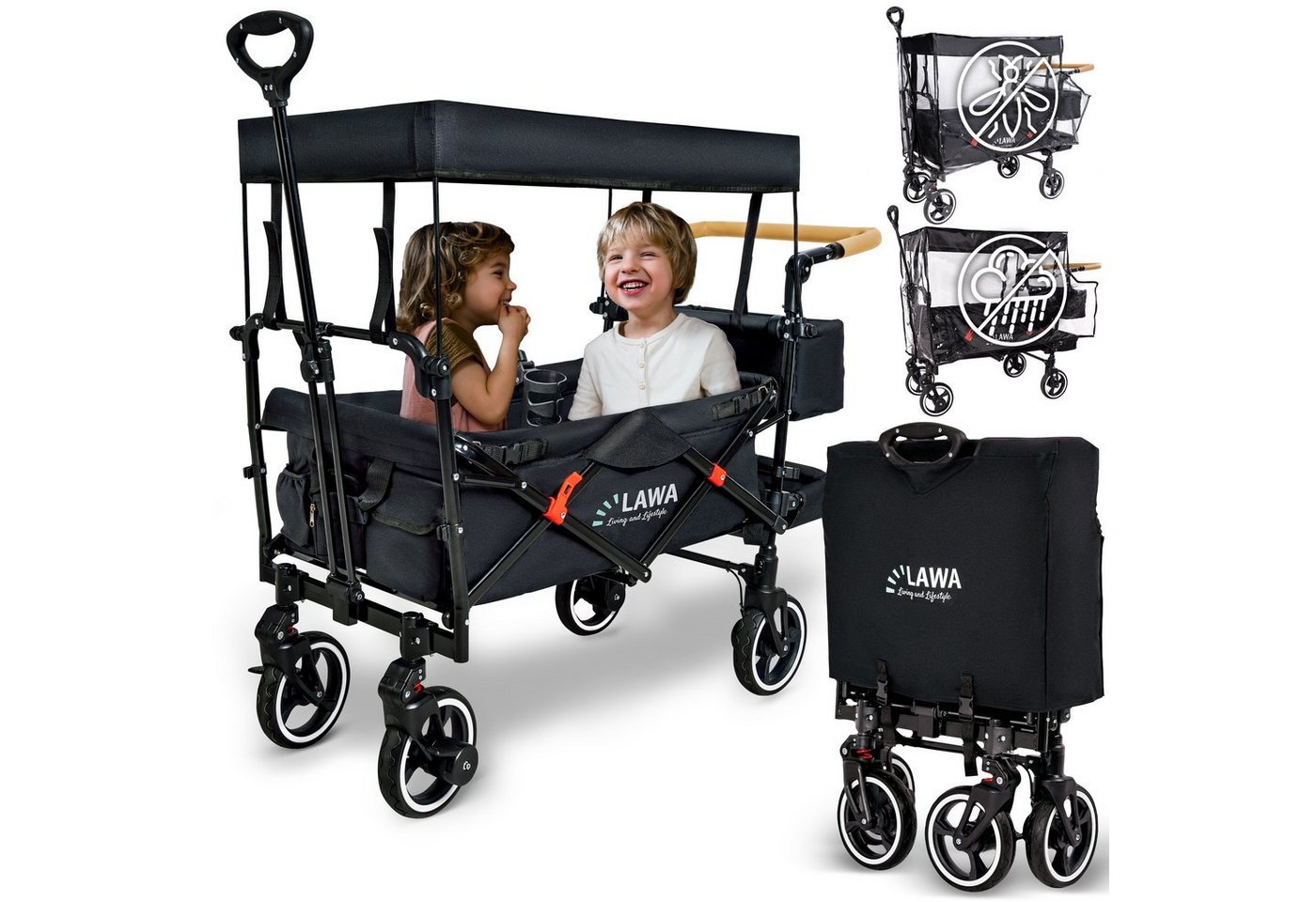 LAWA Living and Lifestyle Bollerwagen mit Dach für Kinder zum sitzen Handwagen faltbar zum schieben (Komplettset mit Regenhaube, Insektenschutz und Becherhalter), 80kg Tragkraft, schwarz von LAWA Living and Lifestyle