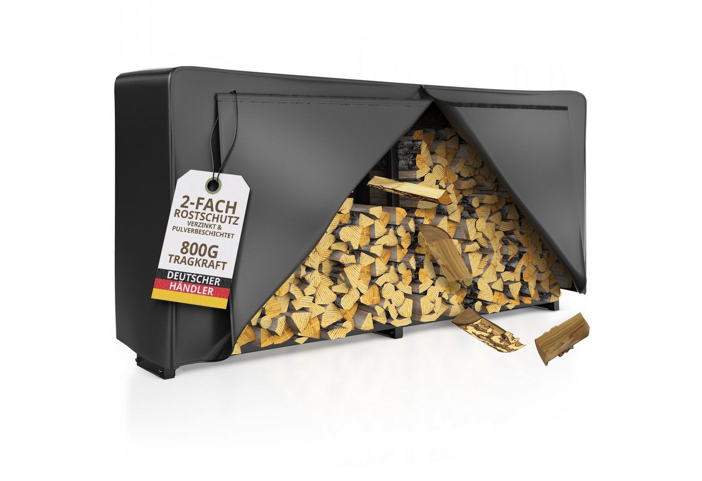 LAWA Living and Lifestyle Kaminholzregal außen mit Abdeckung Stapelhilfe verzinkt für Brennholz Feuerholzregal, BxTxH:223.00x25x115.00 cm, (Komplettset mit Plane), verzinkt, pulverbeschichtet, schwarz, Brennholz Regal Garten von LAWA Living and Lifestyle