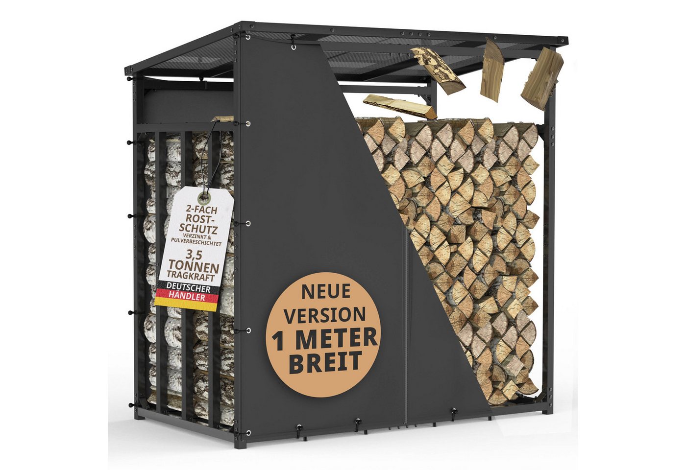 LAWA Living and Lifestyle Kaminholzregal außen mit Dach VERZINKT Feuerholzregal Metall Brennholzregal aussen 3t, BxTxH:185x105x185 cm, (mit Abdeckplane, mit Abdeckung), Stapelhilfe Brennholz mit Plane, für ca. 2,3³ RM, Stahl, Schwarz von LAWA Living and Lifestyle