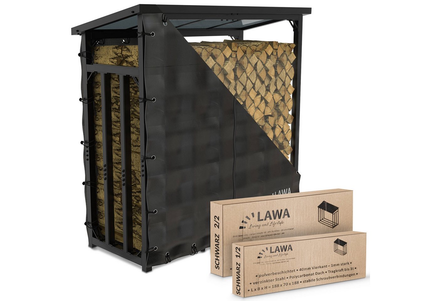 LAWA Living and Lifestyle Kaminholzregal außen mit Dach aus Metall Abdeckplane verzinkte Stapelhilfe, BxTxH:188.00x70.00x188.00 cm, mit Wetterschutz LAWA Living and Lifestyle Kaminholzregal außen mit Dach aus Metall Abdeckplane verzinkte Stapelhilfe, BxTxH:188.00x70.00x188.00 cm, mit Wetterschutz von LAWA Living and Lifestyle