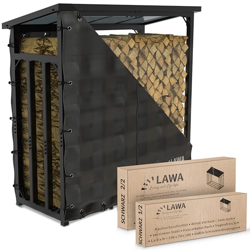 LAWA Living and Lifestyle Kaminholzregal aussen Metall mit Dach VERZINKT 188x70x188 45kg 3t 3,3³ SRM Kaminholzunterstand Stapelhilfe für Brennholz Feuerholzregal Holzlager (Schwarz mit Plane) von LAWA Living and Lifestyle