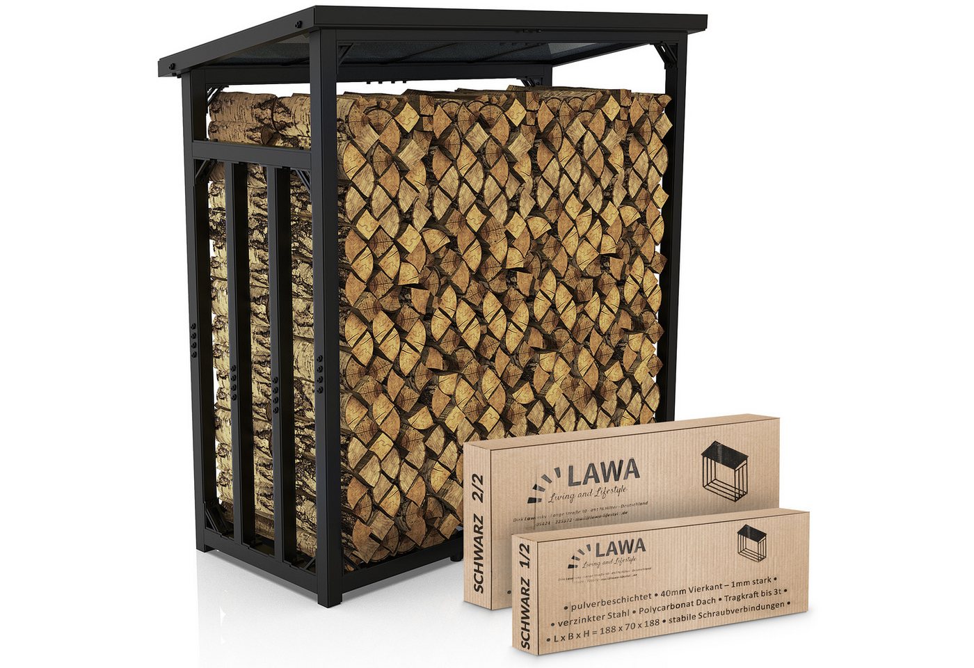 LAWA Living and Lifestyle Kaminholzregal mit Dach VERZINKT Feuerholzregal außen Brennholzregal Metall, BxTxH:188x70x188 cm, (Kaminholzunterstand), Stahl, 3t, für ca. 2,3³ RM, schwarz, schwere Qualität LAWA Living and Lifestyle Kaminholzregal mit Dach VERZINKT Feuerholzregal außen Brennholzregal Metall, BxTxH:188x70x188 cm, (Kaminholzunterstand), Stahl, 3t, für ca. 2,3³ RM, schwarz, schwere Qualität von LAWA Living and Lifestyle