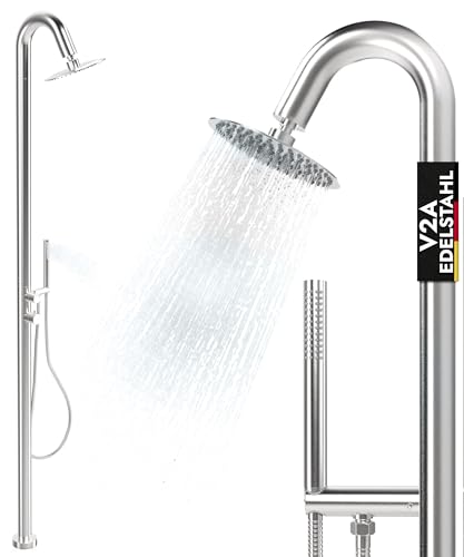 LAWA Living and Lifestyle Outdoor Gartendusche Sauna V2A / 304 Edelstahl rostfrei 2 Anschlüsse Warm Kalt Edelstahl Handbrause 20cm Edelstahl Regendusche Pooldusche Außendusche Sauna Dusche von LAWA Living and Lifestyle