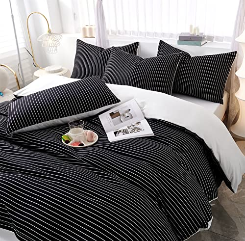 LAWENDA Bettwäsche Streifen 135x200 Schwarz Weiß Wende Bettwäsche Set 4 teilig Weich Microfaser Bettwäsche Set Moderne Gestreift Bettbezug und 2 Kissenbezüge 80x80 mit Reißverschluss von LAWENDA